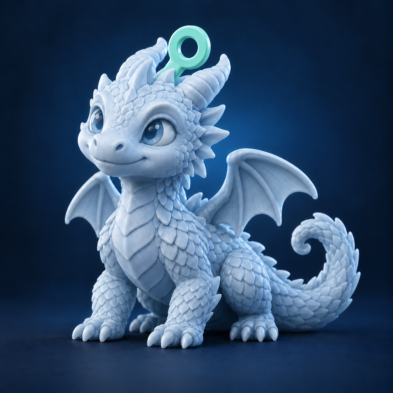 After: the same dragon with a keychain ring on top of its head